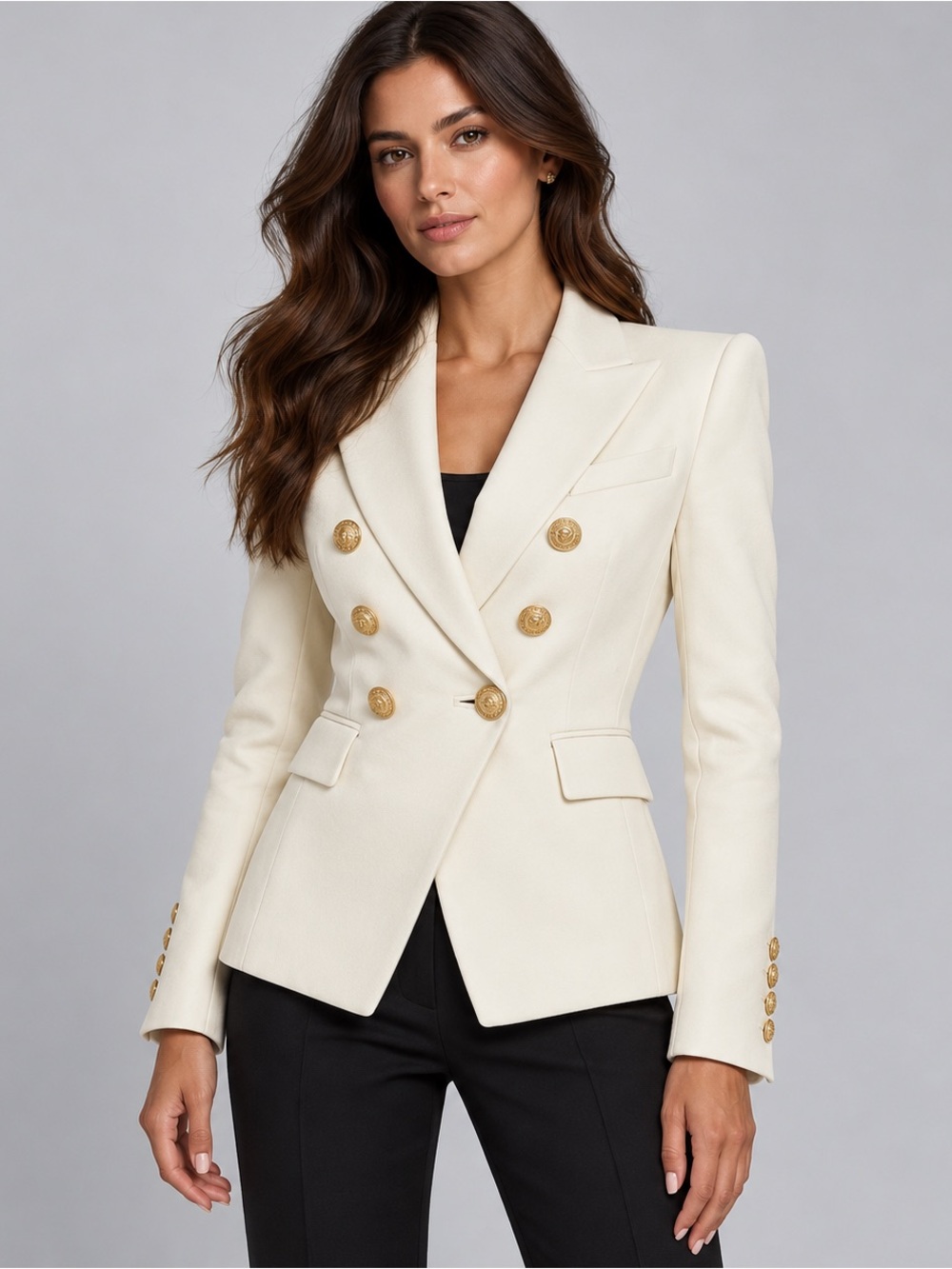 Authentic Balmain Ivory Wool Double-Breasted Gold Button Blazer Size 40